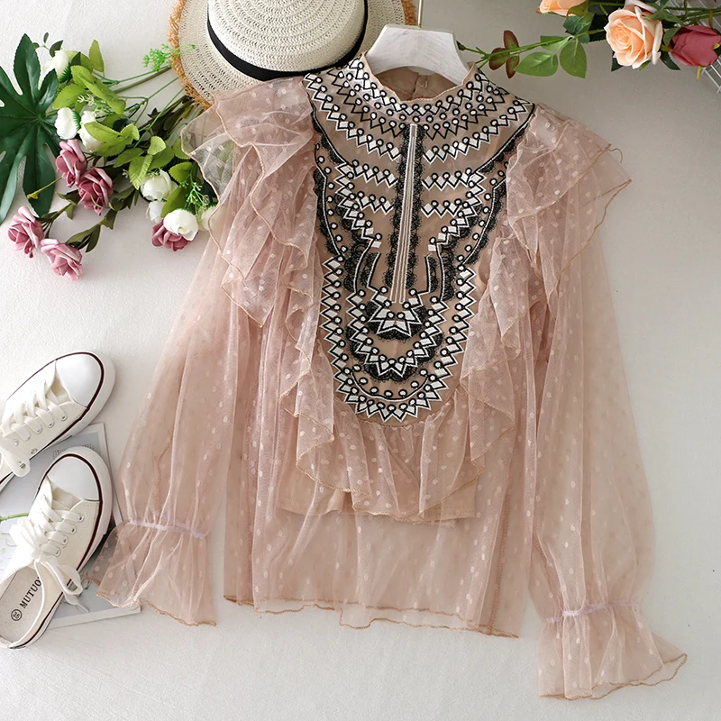 Женская кружевная блузка в горошек эластичная облегающая сетчатая с рукавами