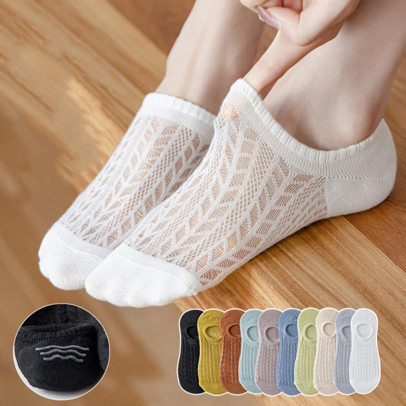 5 Pairs/Set Women Socks non-slip invisible Socks Summer Solid Color Mesh Ankle Boat Sock Female Cotton Slipper No show Socks