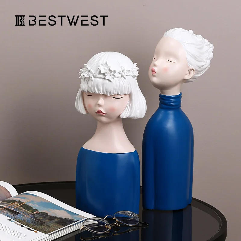 

Modern Creative Blue And White Lonely Girl Resin Decorations For Foyer Simple Art Portrait Doll Creative Bedroom Home Decoration