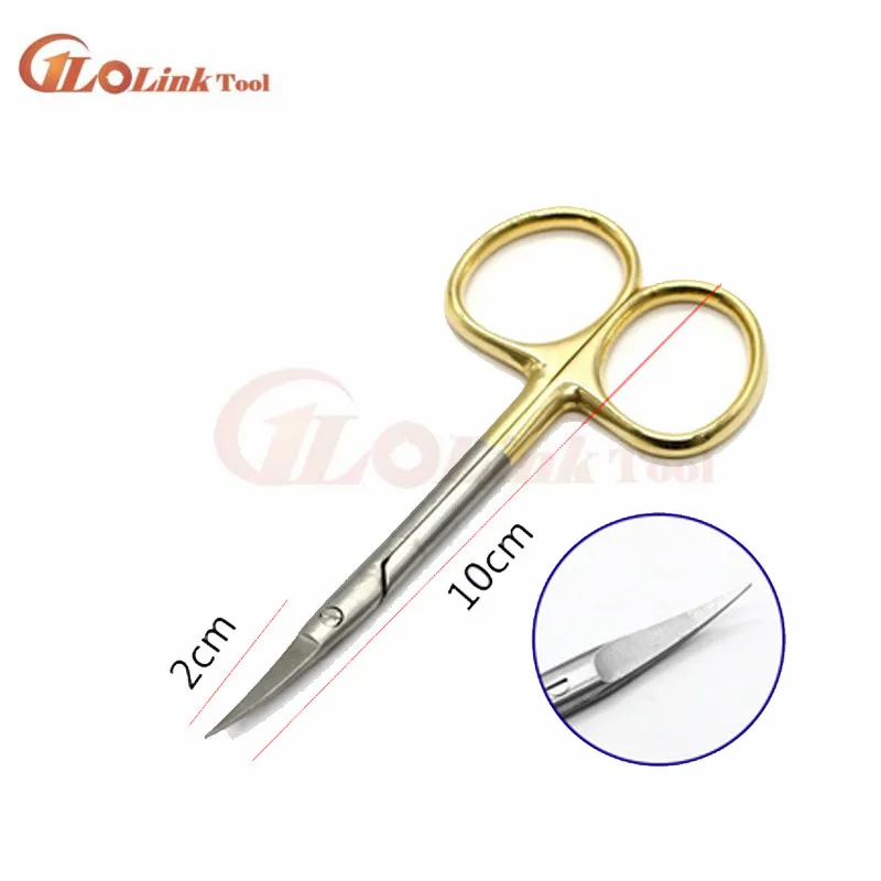 curved tip Ножницы с двойным век с золотая ручка 9,5 см хирургический инструмент из нержавеющей стали для офтальмологической хирургии части инструментов - Цвет: curved tip
