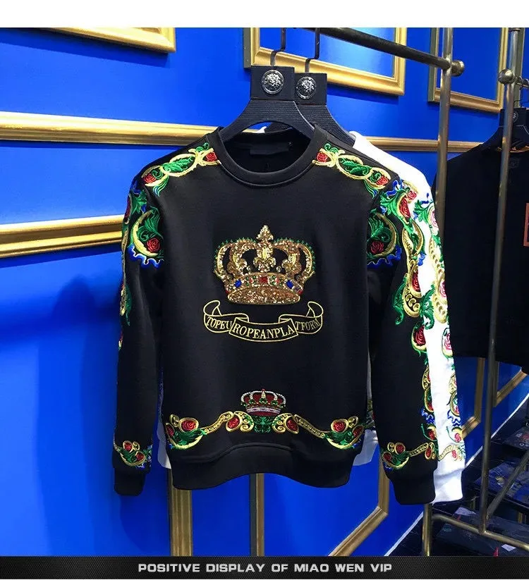 

Men's Sweatshirt 2021 New Embroidery Crown Flower Trendy Long Sleeve T-shirt Round Neck Spring Autumn Bottoming Shirt Wholesale