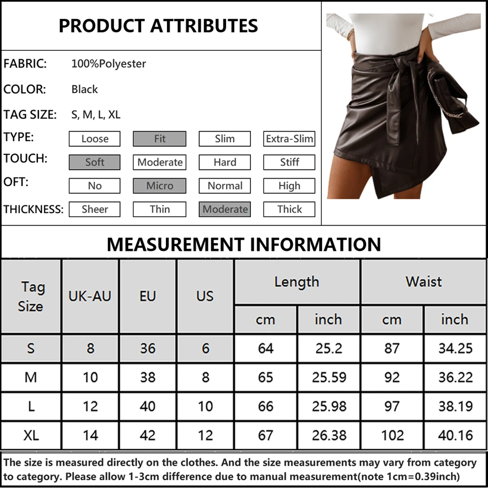 

Faux PU Leather Lady Skirts Sexy Club Wrap Hip Skirts Asymmetrical Mini Sashes Skirts Solid Black Bodycon Skirt for Women D30