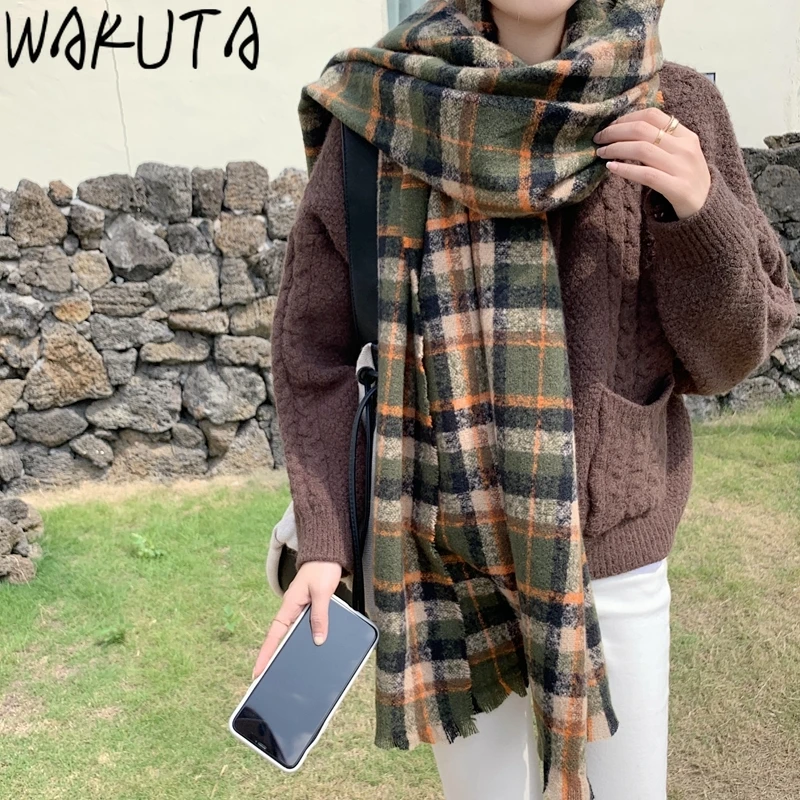 Винтажные клетчатые Длинные Теплые шарфы WAKUTA с цветными блоками женские