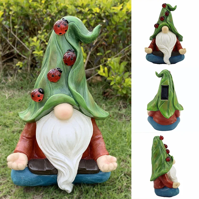 

Garden Solar Gnome Statue with 4 Ladybug Lights Meditating Sculpture Outdoor Figurines Lawn Patio Yard Porch Ornament uacr Yard