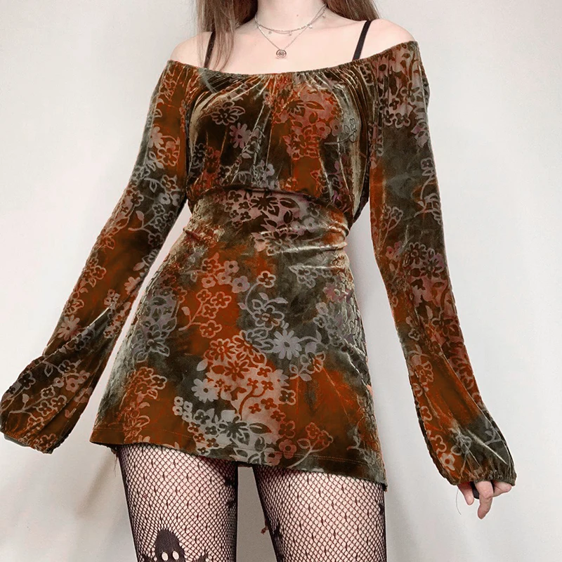 

Fairy Grunge Y2k Floral Mini Dress Brown Vintage Autumn Casual Party Clothing Women Harajuku Kawaii Slash Neck Girls Short Dress