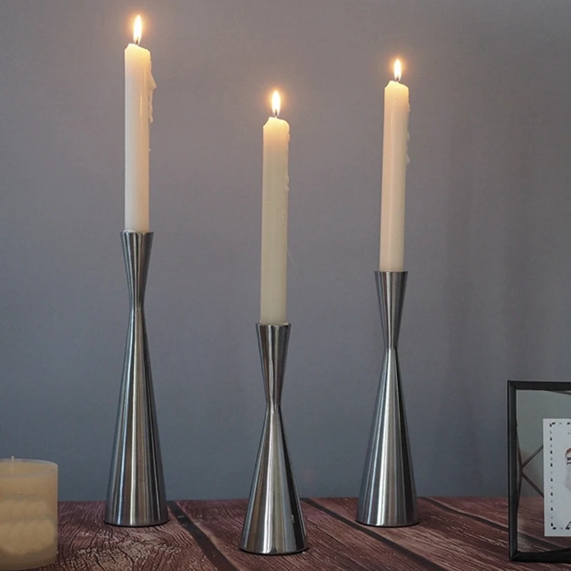 Набор из 3 серебристый матовый металлический подсвечники конические винтажные