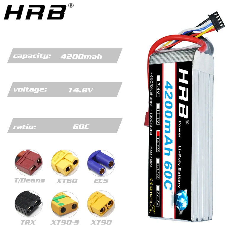 Аккумулятор HRB 4S 14 8 V Lipo 3000mah 3300mah 3600mah 4000mah 4200mah 60C T Deans XT60 EC5 XT90 RC FPV Heli самолет Дрон