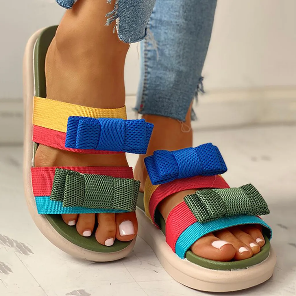 2020 Colorblock (цветовой блок) спортивные женские тапочки Сезон лето На низком каблуке