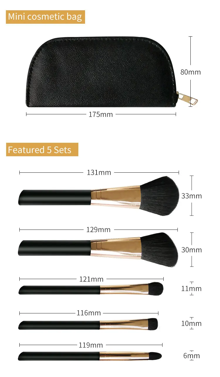 

5 Mini Essential Travel Makeup Brush Set Professional Kit with Face and Eye Makeup Brushes Kabuki Eye shadow Powder with Bag