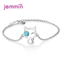 girl women bracelets bangle 925 silver pave setting blue cubic zircon stones earth cat charm adjustable wristband gift jewellery