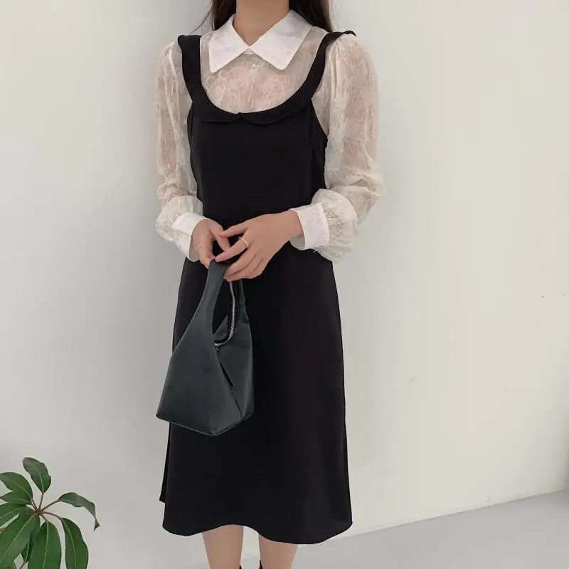 

Harajuku Gentle Sweet Streetwear Chic Casual Shirts+Ruffles Solid Loose New Overalls Dresses All Match Two Piece Sets