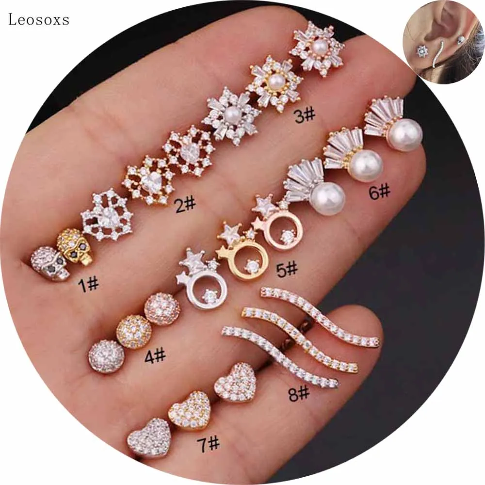 

Leosoxs 2pcs New European and American Products with Diamonds, Pearls, Flowers and Skull Stud Earrings