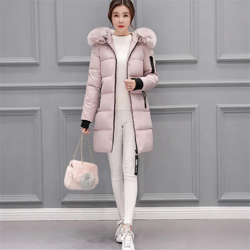 BB9802Pink Зимние плотные длинные пуховые пальто с капюшоном для женщин, повседневные теплые пальто с длинными рукавами и меховым воротником на молнии, женские куртки - Цвет: BB9802Pink