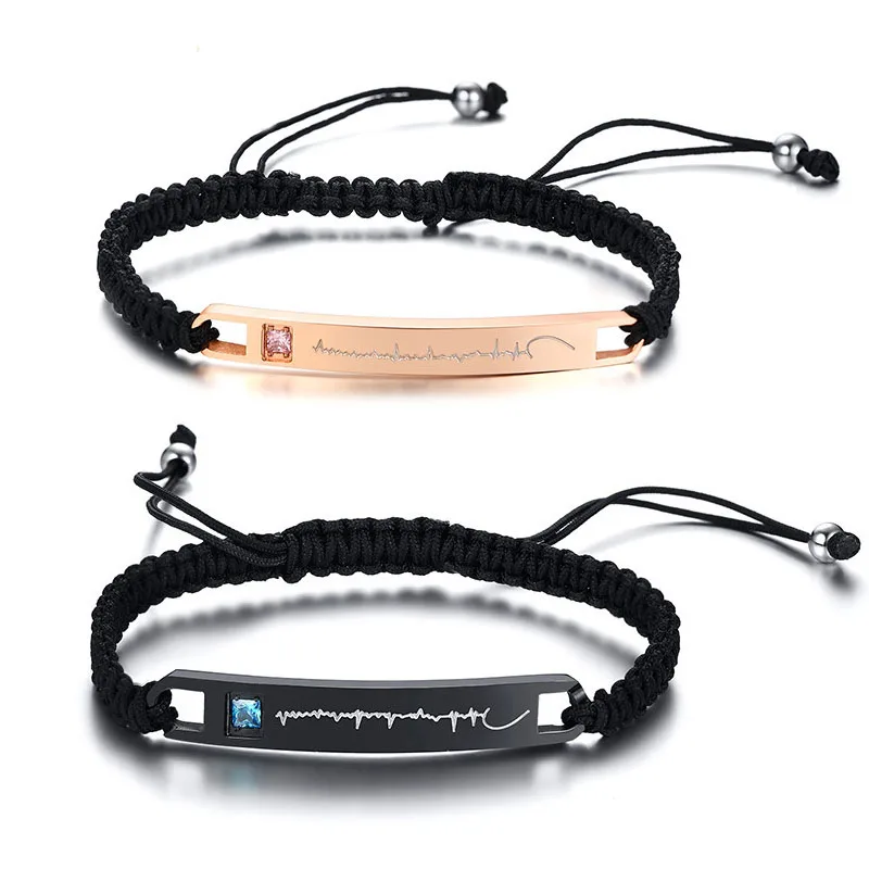 

Simple Stainless Steel inlaid pink zircon Women bracelet ECG weaving adjustable couple Anniversary gift bracelets