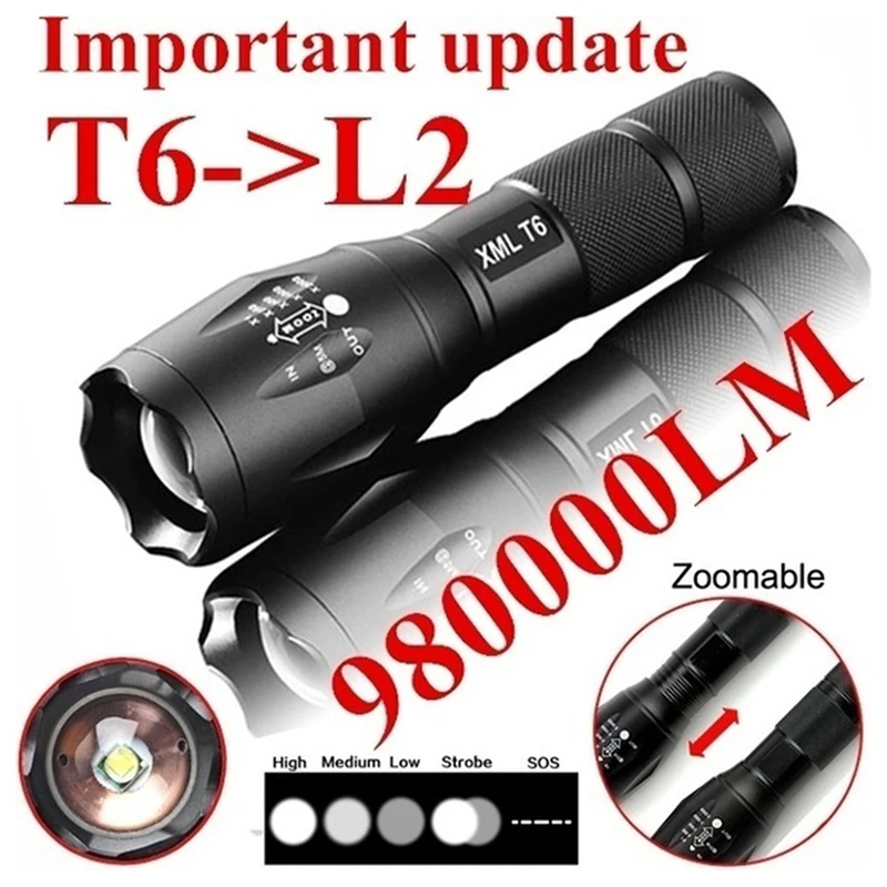 

Portable T6 Tactical Military LED Flashlight 980000LM Zoomable 5-Mode Without Battery Outdoor tools