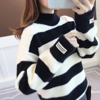 women winter warm thicken striped sweaters 2021 new vintage mock neck long sleeve letter knitted pullovers sweater loose outwear