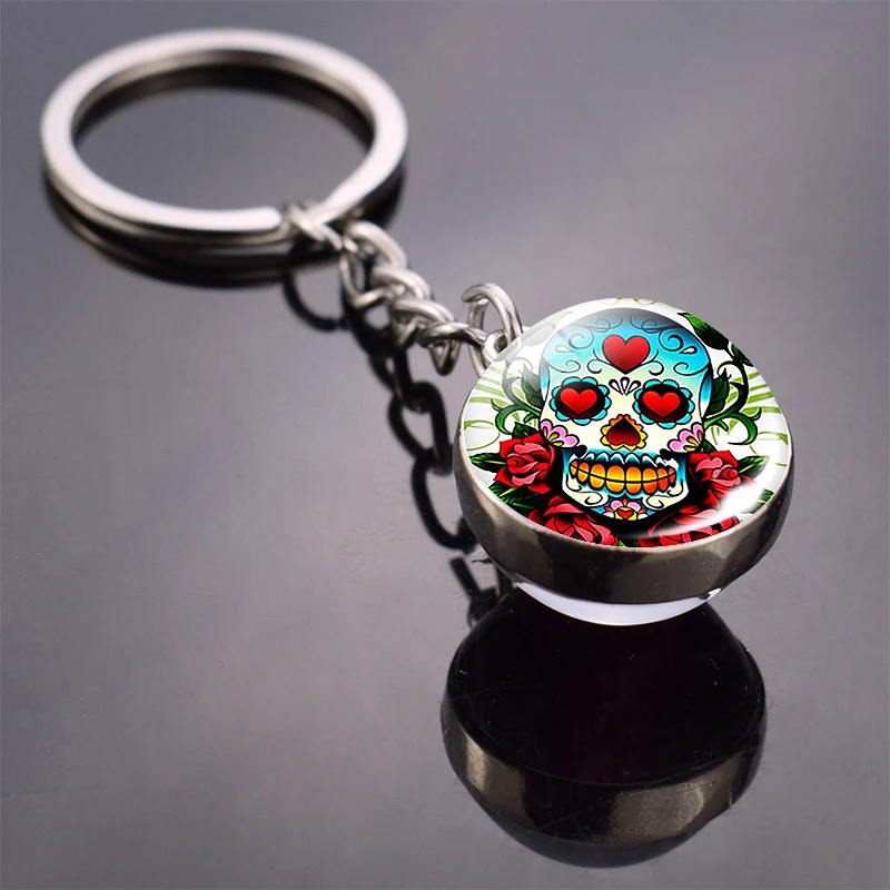 Flower Sugar Skull Keychain Head Glass Ball Key Chains Jewelry for Men Women Christmas Gifts Dropshipping | Украшения и