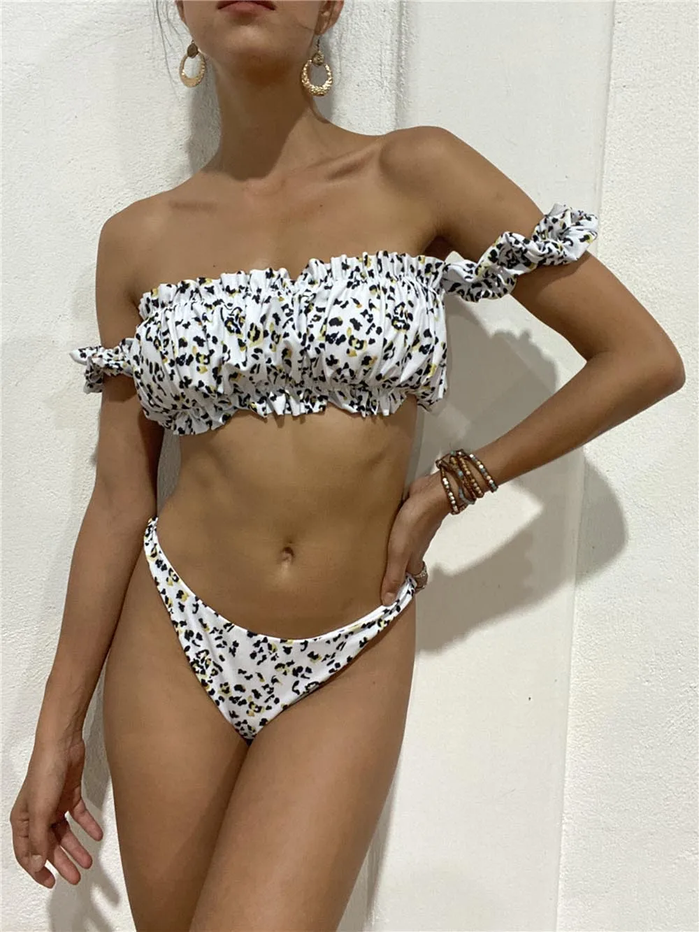 Пикантный цветочный бикини с открытыми плечами женский купальный микро костюм