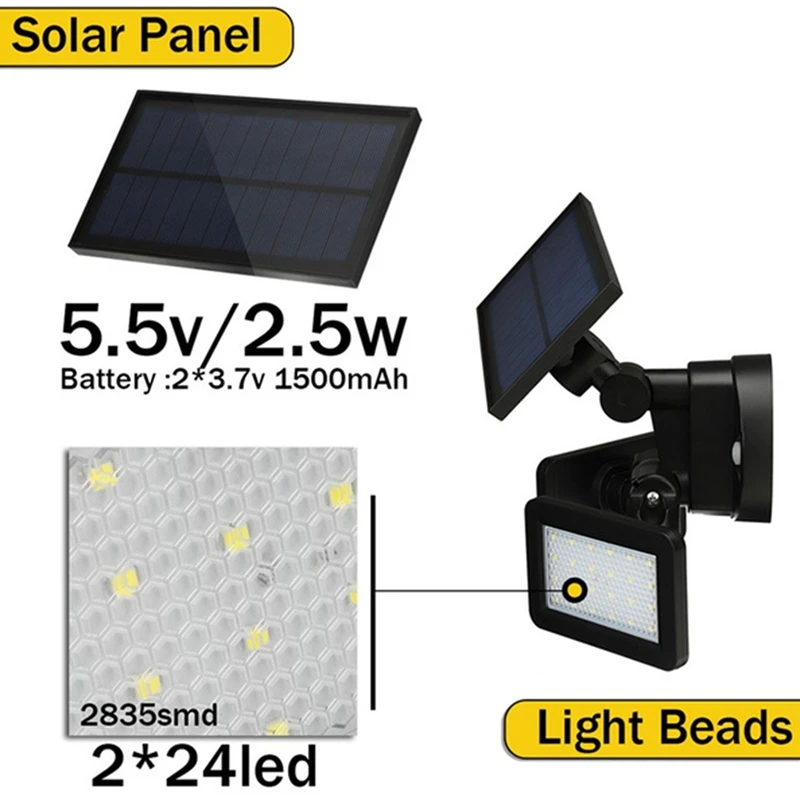 

Dual Head Solar Powered Motion Sensor Light, 48LED Upgraded Solar Spotlights, 3Modes, Adjustable 180-Degree Rotatable