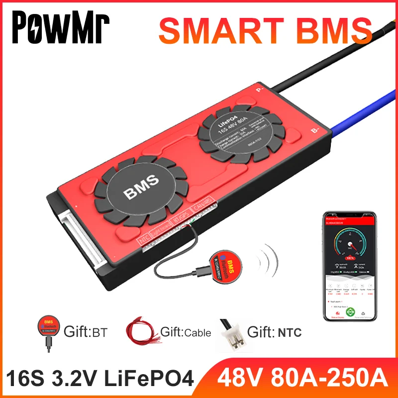 

PowMr 3.2V Smart BMS 16S LiFePo4 48V 80Ah 100A 120A 150A 200A 250A Bluetooth Module NTC UART LiNCM Lithium Battery PCM Board