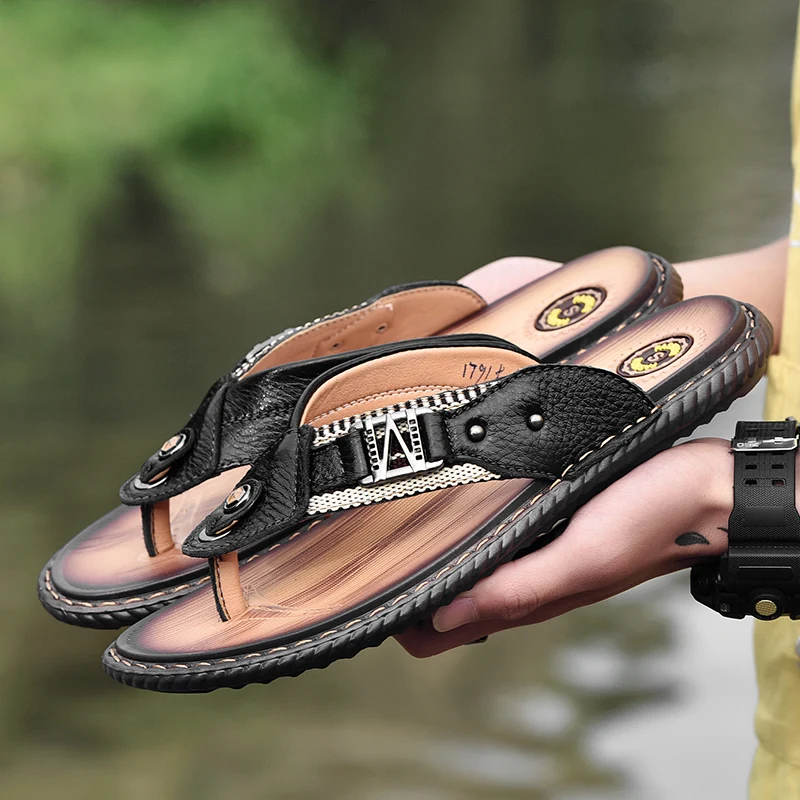 Модные мужские шлепанцы из натуральной кожи Высококачественные уличные