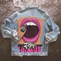 teeth pattern casual printing trend hip hop denim jacket long sleeve loose jacket womens clothing