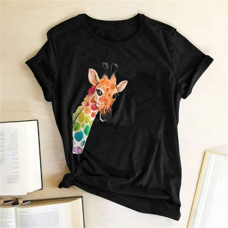

Colourful Vivid Giraffe Print Women T Shirt Short Sleeve O Neck Loose Women Tshirt Ladies Fashion Tee Shirt Tops Camisetas Mujer