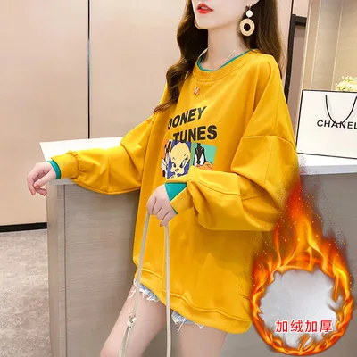

The new winter Korean version of the round collar cartoon print loose large hoodie women with velvet thickened student jacket