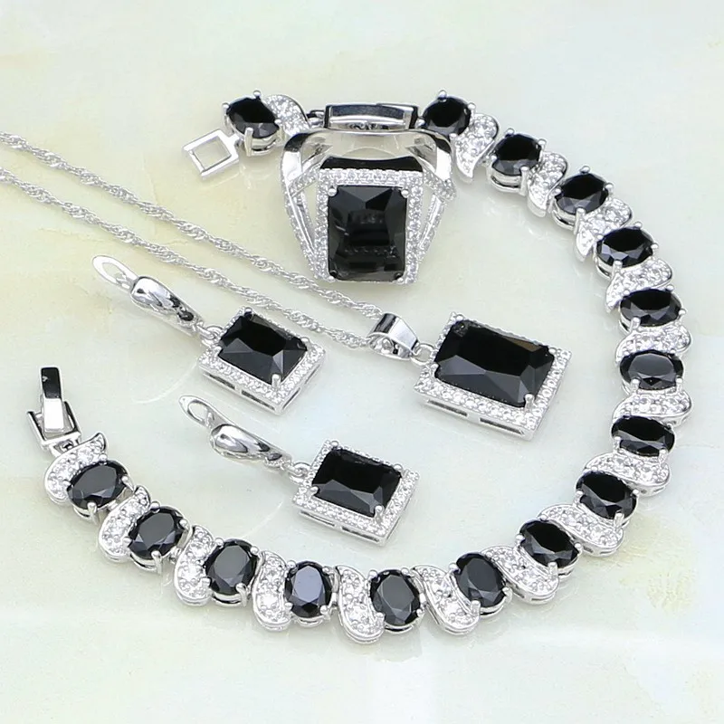 

925 Sterling Silver Jewelry Black Zircon White Rhinestone Jewelry Sets For Women Wedding Earring/Pendant/Necklace/Bracelet/Ring