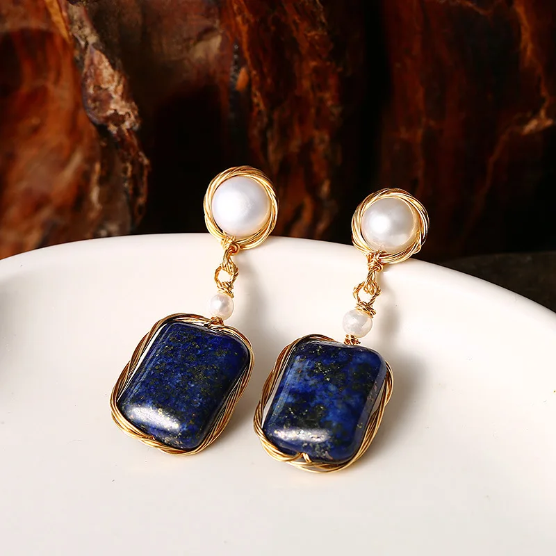 

Natural Rectangle Lapis Lazuli Fresh Water Charm Drop Earring For Women Wedding Gift Vintage Dangle Earrings Original Design