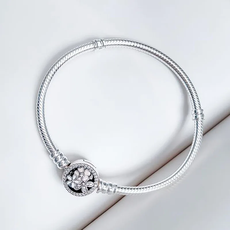 

Authentic 925 Sterling Silver Pan Bracelet New Classic Clasp Snake Bone Flower Blooming Bracelet Fit Charm Women Jewelry