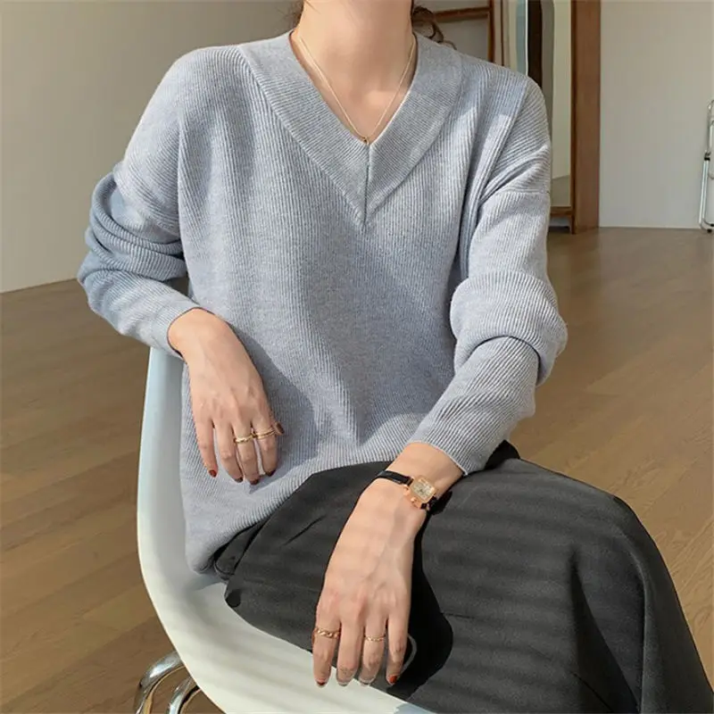

Элегантные вязаные женские свитера с V-образным вырезом, джемперы, свободные пуловеры с длинным рукавом, женские осенне-зимние толстые женс...