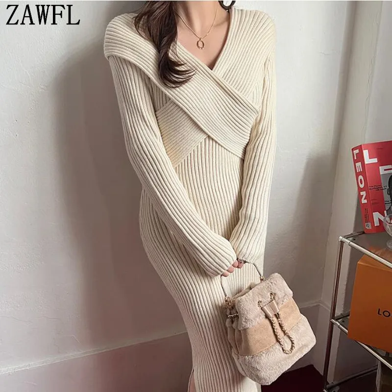 

ZAWFL New 2022 Spring Autumn Women Dresses V-neck Split Knitting High Waist Bottoming Elasticity No Belt Long Dress