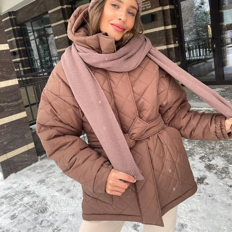 

Autumn winter down cotton quilted coats Women casual hooded belt wram puffer jacket Female elegant snow wear white jackets 2021