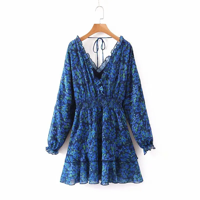 

Chiffon Floral Dress Long Sleeve Ruffle Women's Beach Dress Summer Sexy Backless Mini Dresses Women Party Night