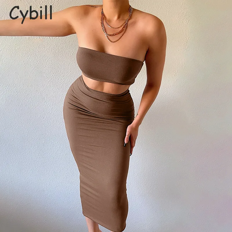 Cybill Sexy Club Party Tube Dress Women Set Crop Top And Midi Skirt Two Pieces One Suit Summer Solid Bodycon Dress