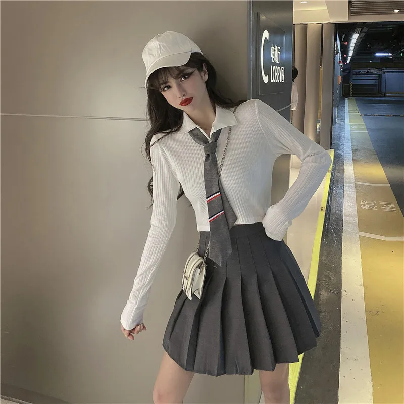 

Блузка с галстуком и длинными рукавами, весна-осень + плиссированная юбка-трапеция, Модный комплект из двух предметов для женщин