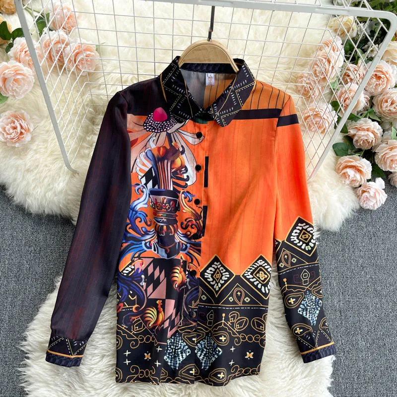 

Designer Retro Print Blouse Women Turn-down Collar Single Breasted Tops 2021 Spring Court Wind Office Work Blouses