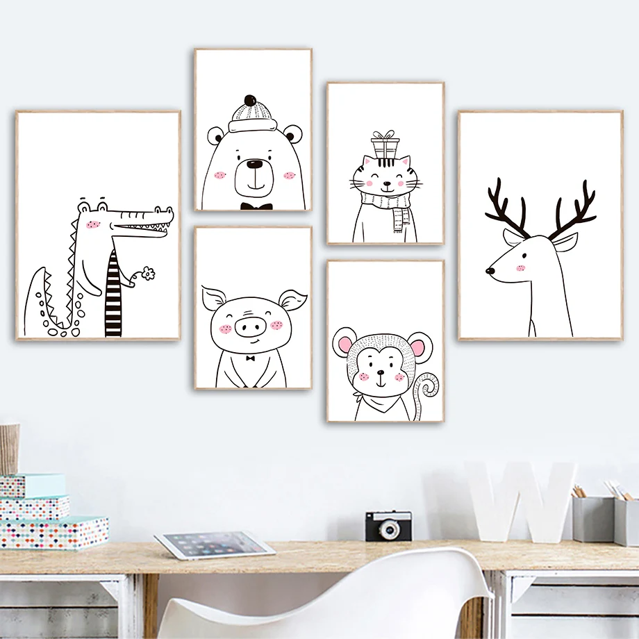 

Crocodile Bear Cat Pig Monkey Deer Hat Scarf Wall Art Canvas Painting Nordic Posters And Prints Wall Pictures Kids Room Decor