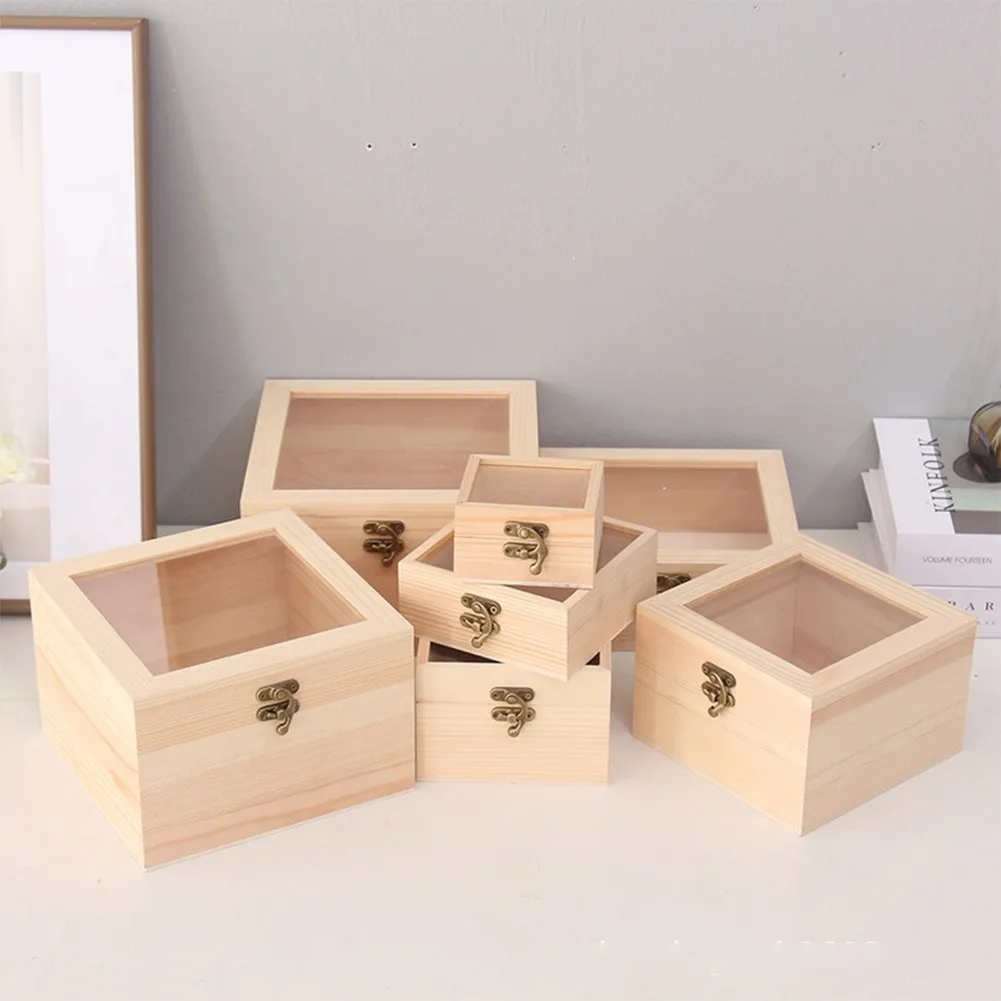 

Wooden Storage Box Plain Wood boxes With Clear Lid Multifunction Square Hinged Craft Gift Box Wooden Jewelry Storage organizer