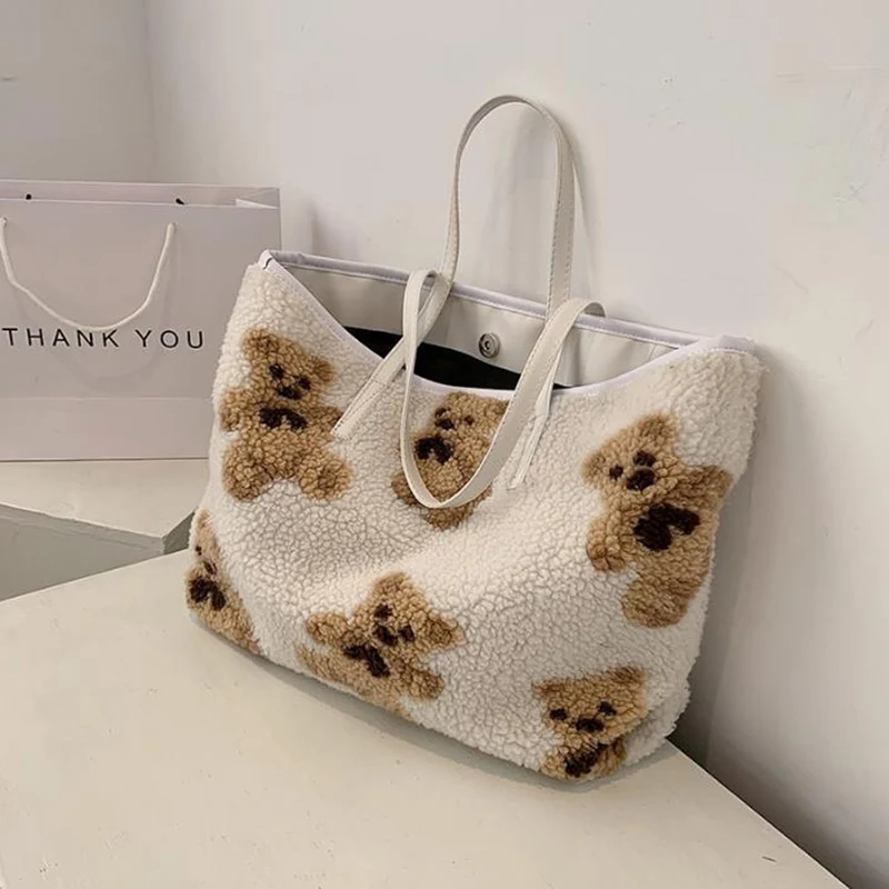 

Lamb Like Fabric Shoulder Bags Warm Plush Handbag Leather Patchwork Design Extra Large Tote Big Capacity Hand Bag Cute Bear