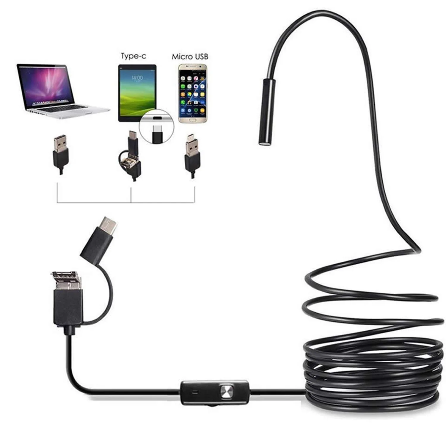 

USB Endoscope Type C Borescope for OTG Android Phone Windows PC Mac Book 7mm Inspection Snake Camera Waterproof Semi-Rigid Cord