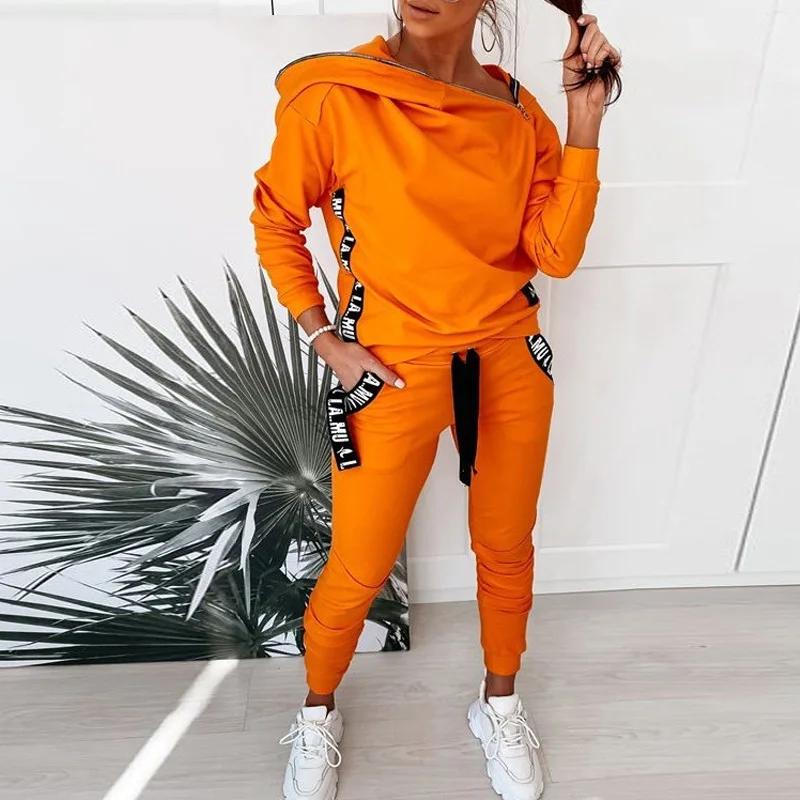 

Комплект из двух предметов, Женский однотонный свитшот с капюшоном и женские брюки, спортивный костюм в стиле пэчворк с лентой и буквенным п...