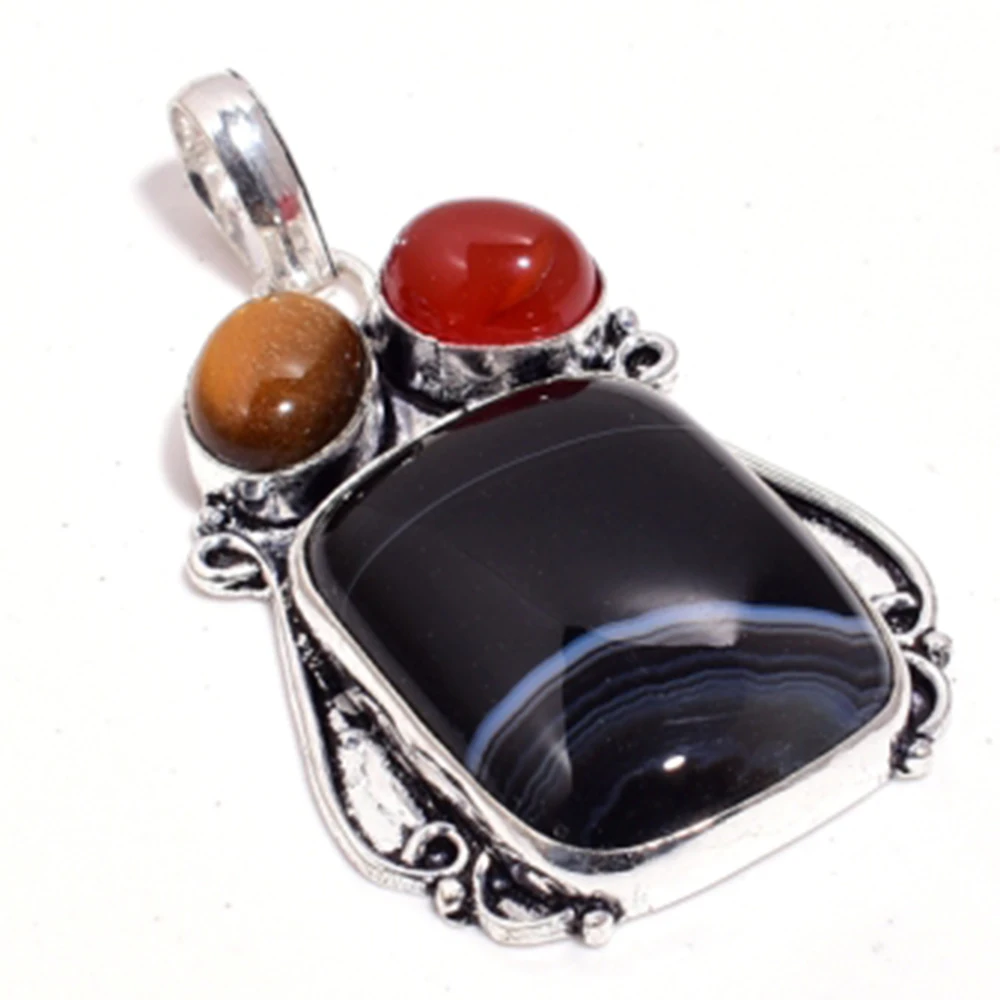 

Genuine Botswana Agate + Tiger Eye Pendant Silver Overlay over Copper , Hand made Women Jewelry Gift, P8988
