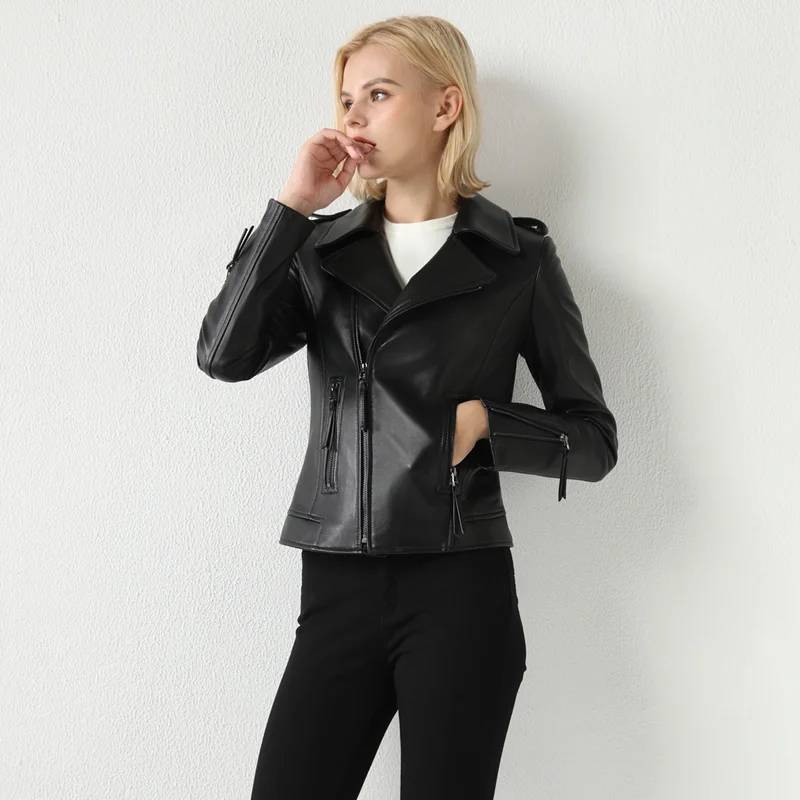 

SHZQ Leather Women's Short 2021 Spring and Autumn New Slimming Locomotive Waist Closing Black Leather Jacket Sheep Leather Coat
