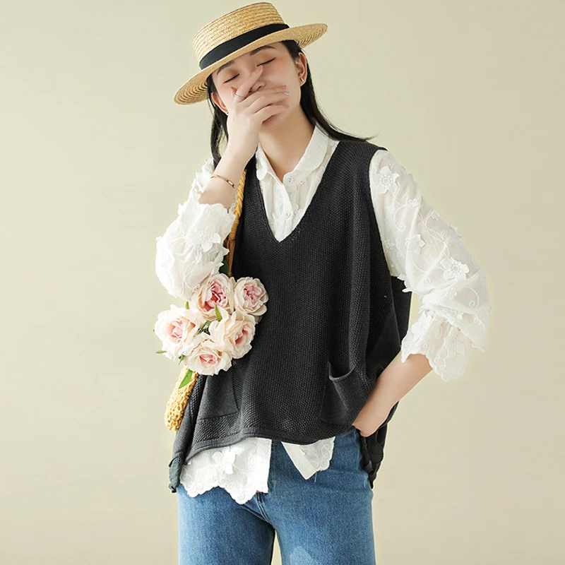 Женский винтажный свитер Johnature вязаный Однотонный большого размера с