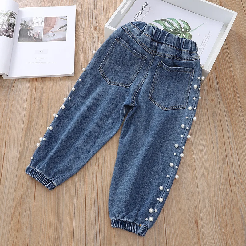 

2019 New Kids Girls Jeans Long Pants Children Girl Beaded Cotton Denim Pant Trousers 1-7age
