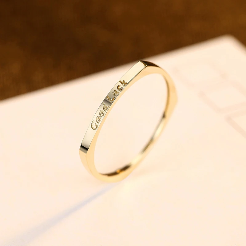 

OEVAS 100% Au585 Real 14K Gold 1.5mm Finger Rings For Women Fashion Good Luck Letter Party Jewelry Ladies Girls Anniversary Gift