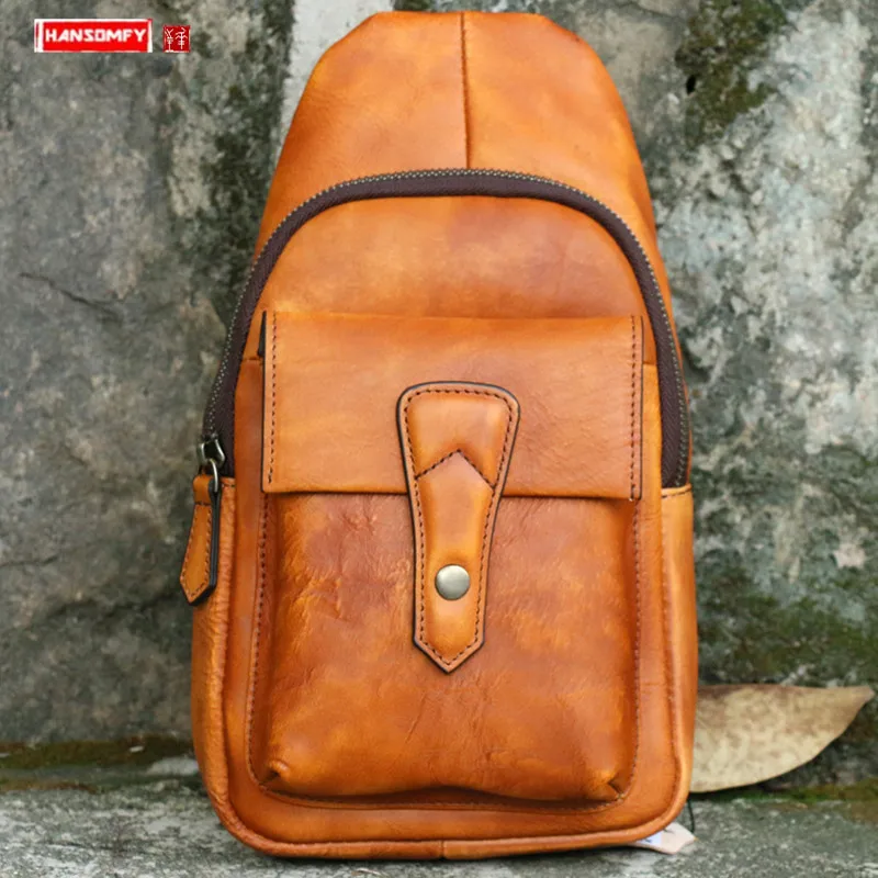 Men's Chest Bag Men Shoulder Messenger Bag Vintage Simple Casual Bags First Layer Cowhide New Vegetable Tanned Leather Soft