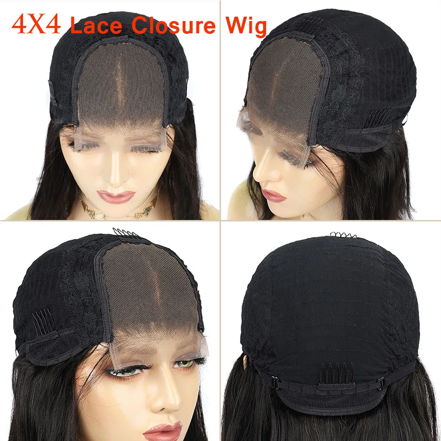 

Beeos 150% 4*4 Closure Wig Straight Bob With Bangs Natural Color 8"-12" Inch Glueless Brazilian Remy Hair Wigs